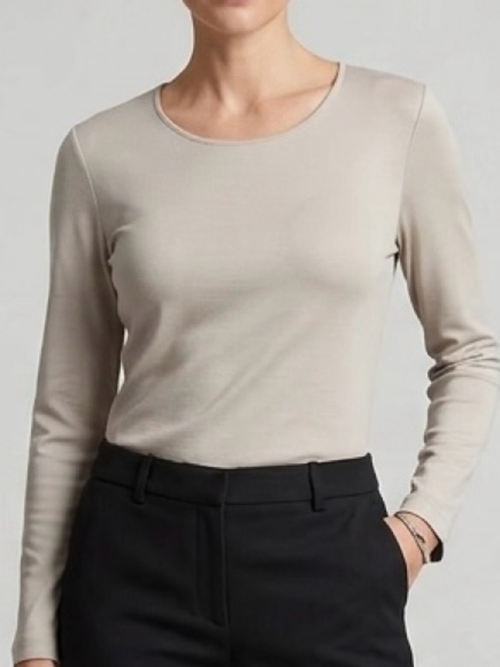 COMPOSITIONS Silk Cotton Blend Long Sleeve Knit Top Beige Oatmeal Luxury Basic